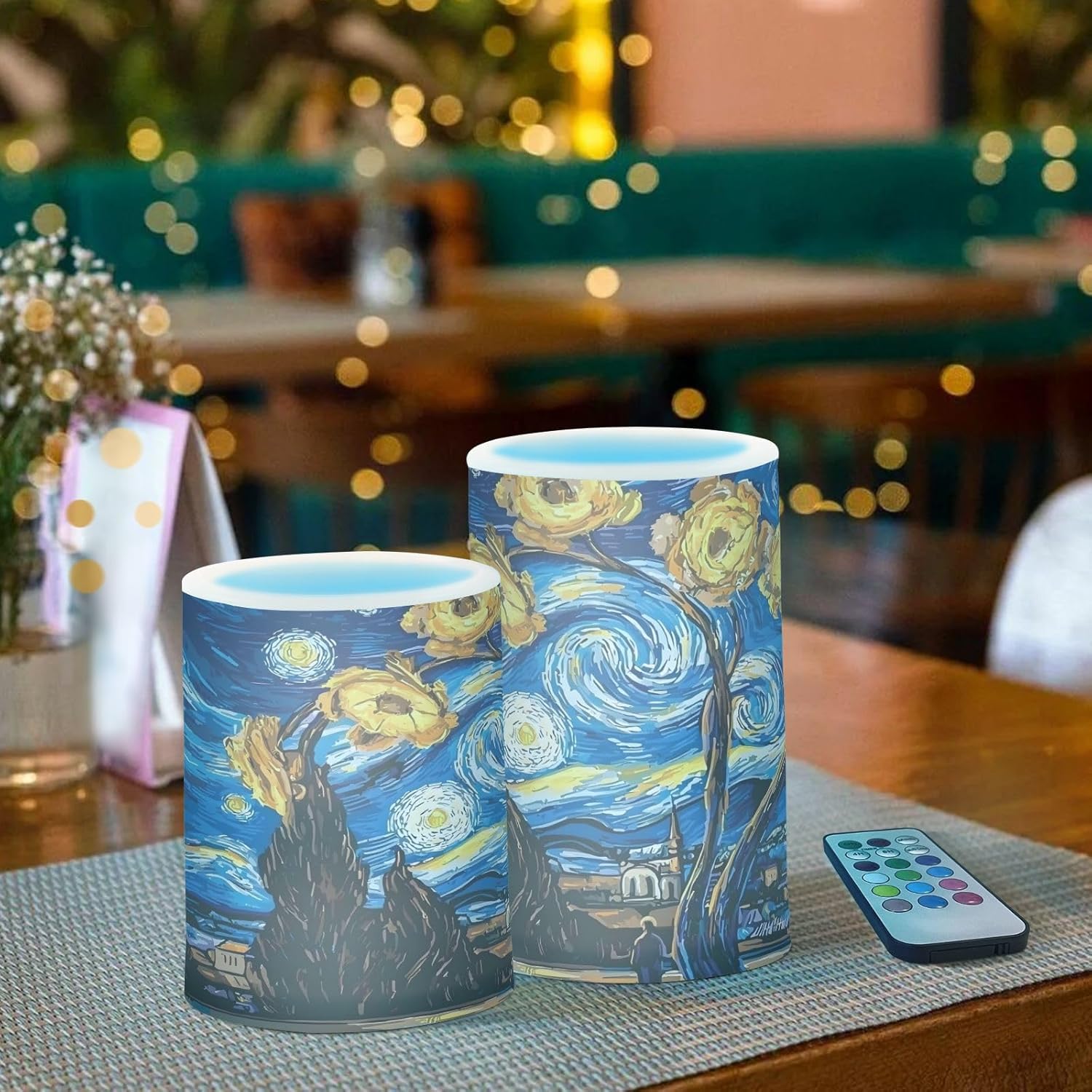 ALAZA Starry Sky Blossom Flickering Flameless Candles Pillar Led Candles Battery Operated Candles with Remote and Timers Set of 2