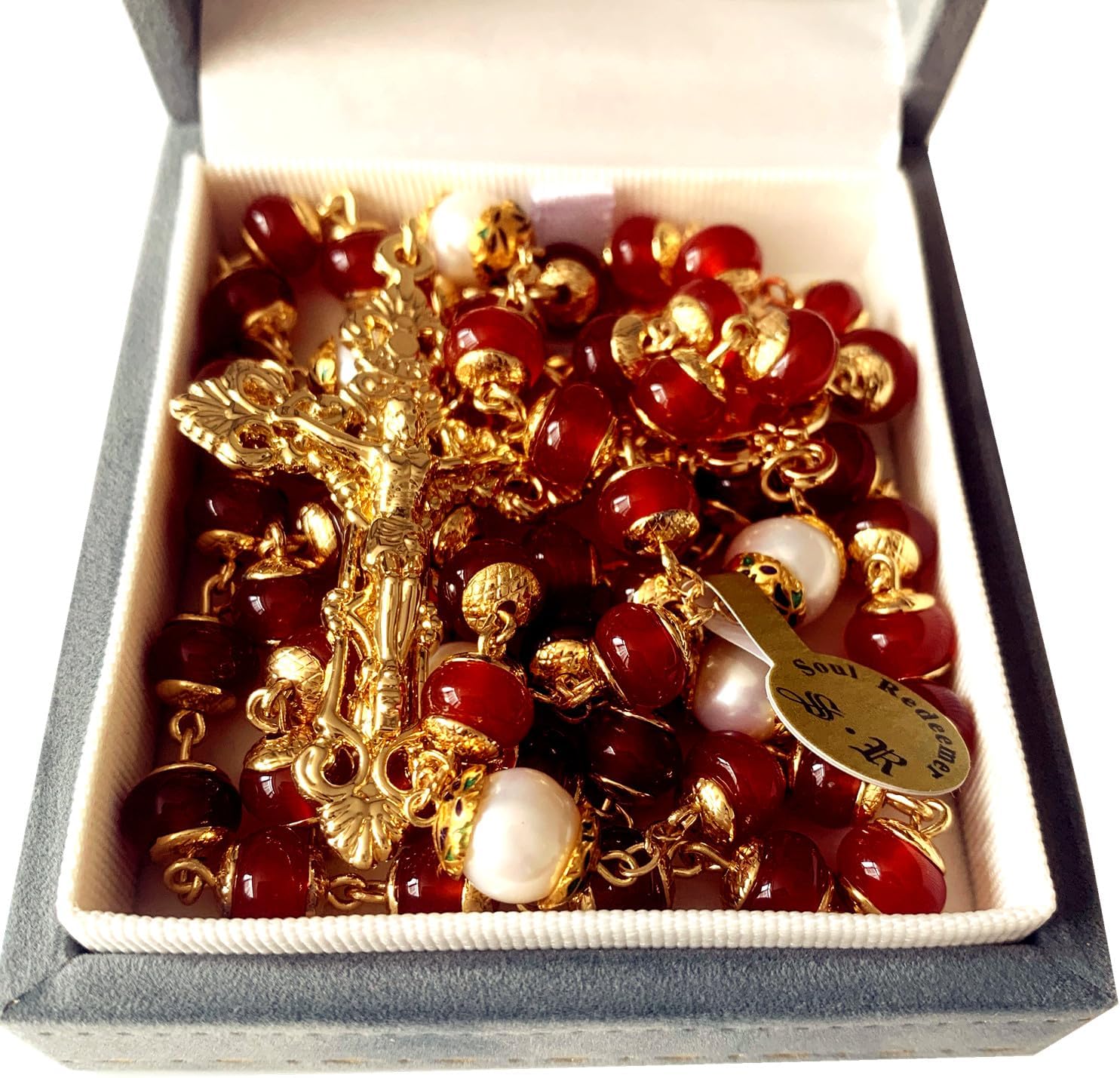 Soul Redeemer Handmade Red Agate & Natural Pearl Prayer Rosary Crucifix Beads Catholic Gift Gold