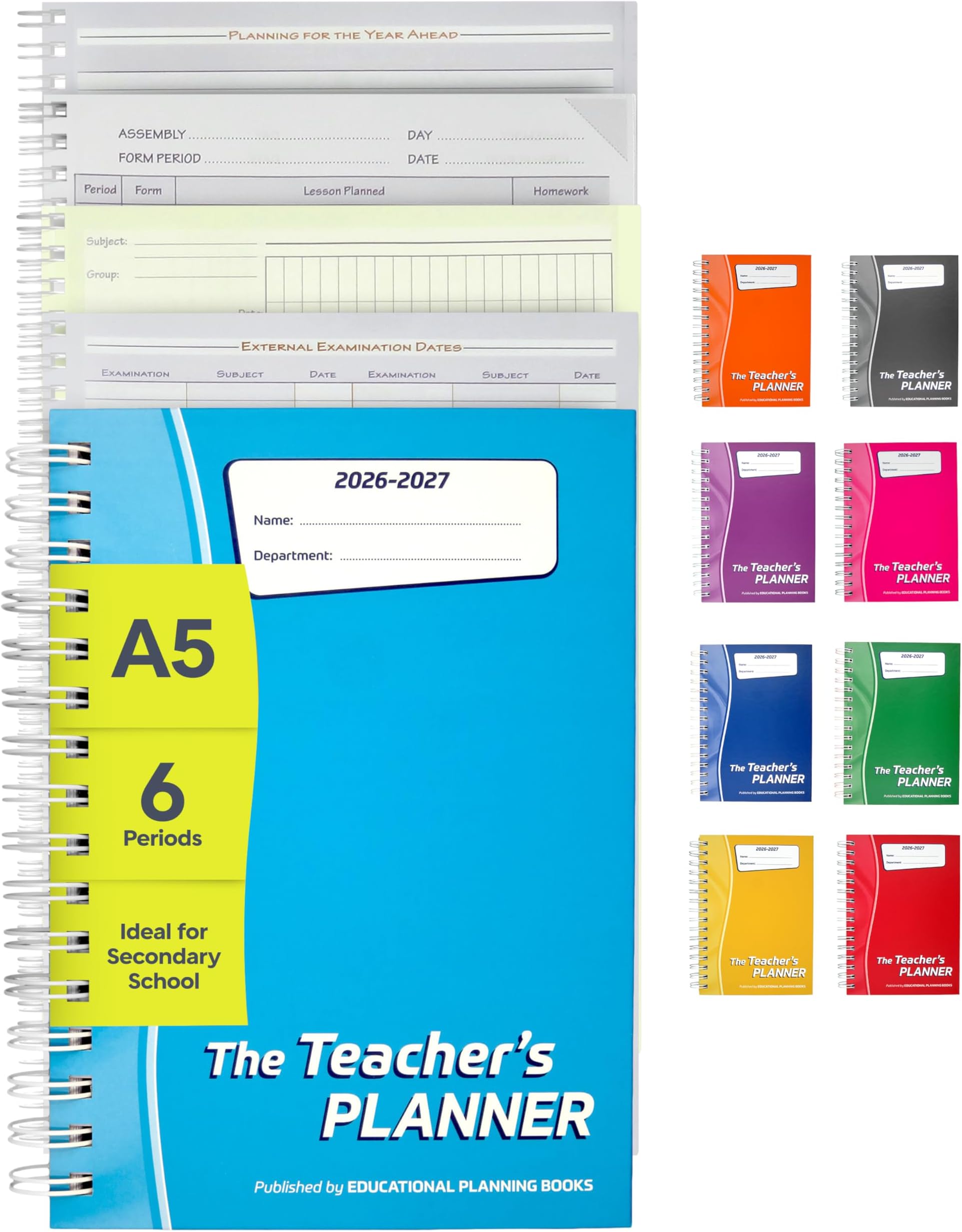 Educational Planning Books Teacher Planner 2026-2027 A5, 6 Period (TP9-T) | 290 undated page-a-day pages, year planning, exams and marking sections, anti-scuff hardback, wiro bound