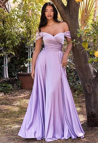 Miniatura 3 de PEIYJYUSP Vestidos de dama de honor de satén con hombros descubiertos para boda, largo, fruncido, acampanado, vestido de graduación formal con