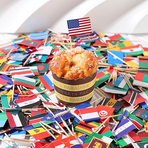 Miniatura 3 de Bokon 1000 banderas de palillos de dientes de 100 países diferentes, banderas internacionales del mundo en palo de madera, impresión de doble cara,