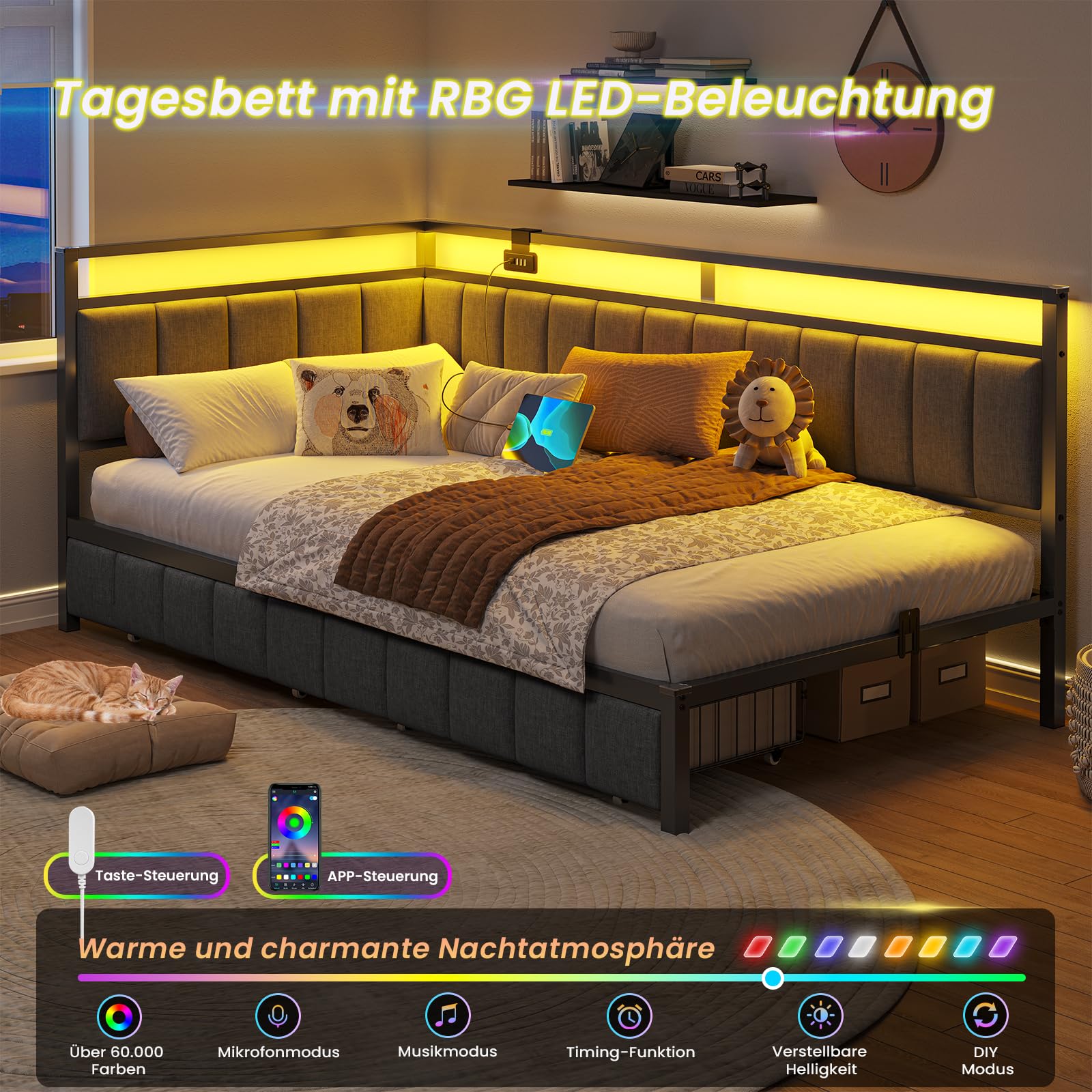 DICTAC Polsterbett Schlafsofa 90x200 mit LED-Beleuchtung und USB-Ladestation, Jugendbett Tagesbett 90x200 mit Lattenrost aus Metall und 2 Schubladen, Gästebett,Bettgestell - Ohne Matratze,Dunkelgrau