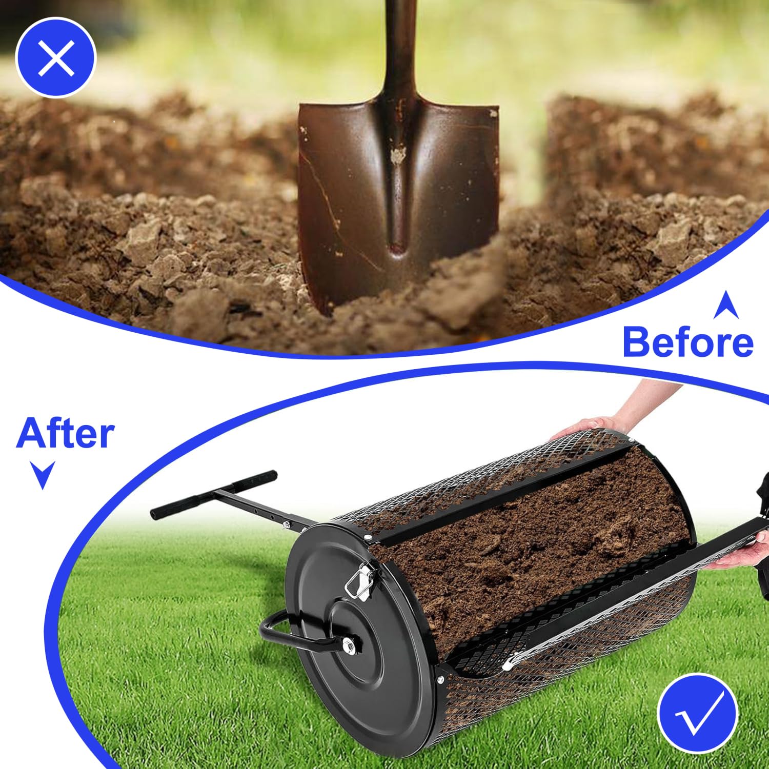 Esparcidor de abono, esparcidor de turba con mango mejorado en forma de T para plantar y sembrar, esparcidor de malla metálica liviano para el cuidado del césped y el jardín, esparcidores de estiérc
