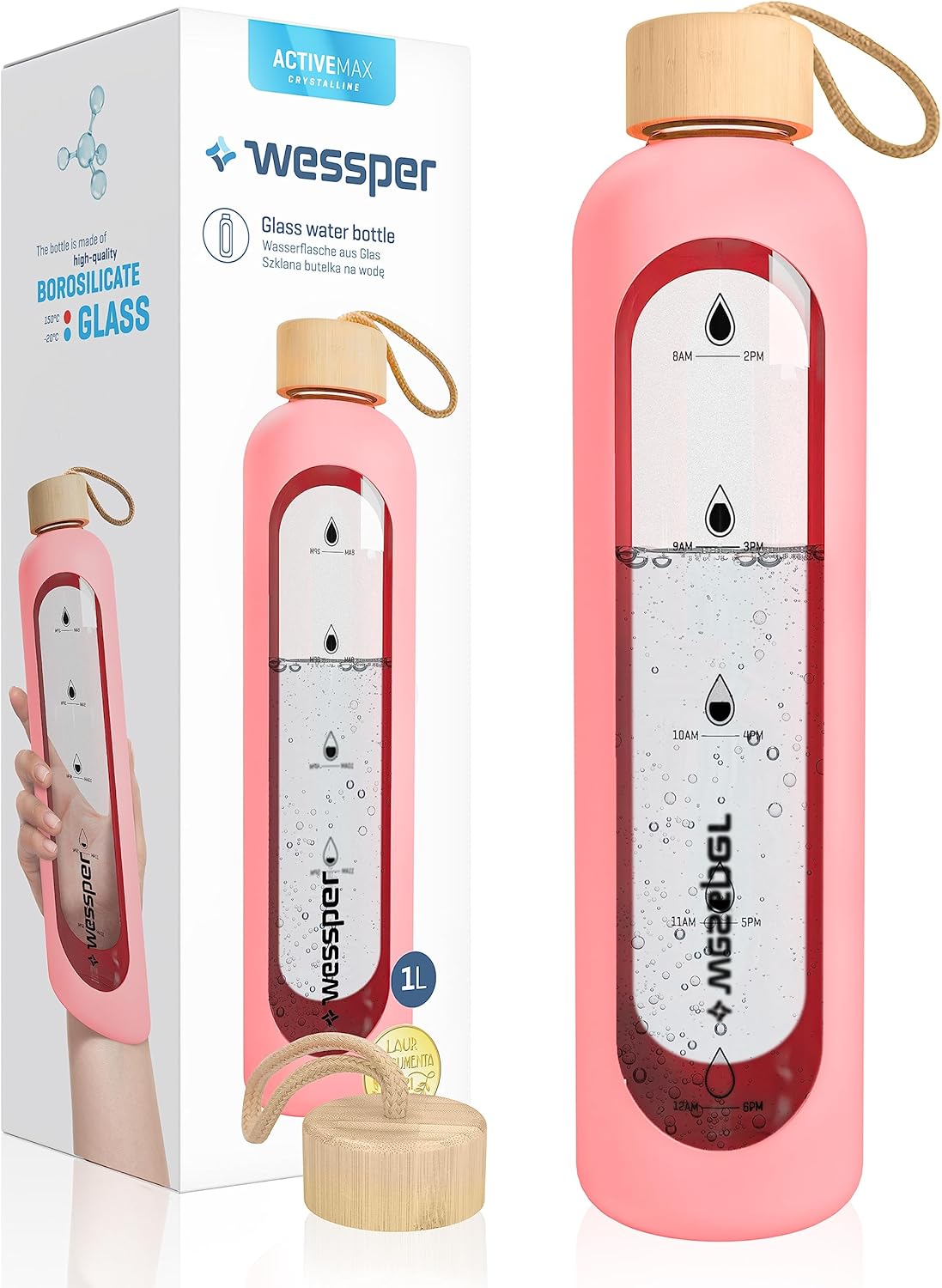 Wessper Drinkmotivation Borosilicate Glass Bottle with Time Markings 1 Litre Airtight Drinking Bottle Glass with Bamboo Lid 1 Litre Reusable with Silicone Cover Pink (WES260)
