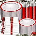 I00000 350 Pcs Red Plastic Plates,Clear Disposable Plate Set, Include 50 Dinner Plates, 50 Dessert Plates,50 Cups,50 Per Rolled Napkins with Plastic Cutlery for Wedding Thanksgiving Christmas Party