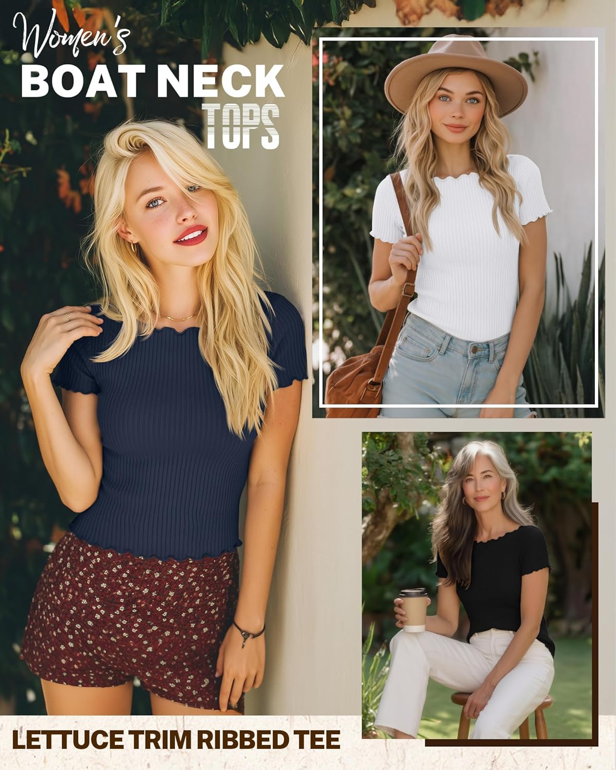 Riyiper 3 Pack Women's Lettuce Trim Boat Neck Tops Ribbed Short Sleeve T-Shirts Crop Slim Fit Summer Basic Tees Shirt(Black, White, Haze Blue,X-Large) - Image 3