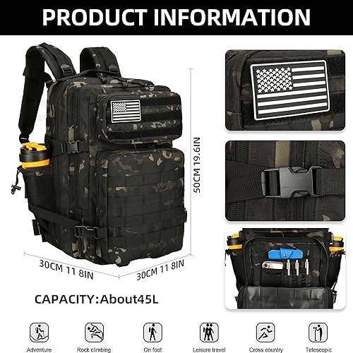 Miniatura 2 de Mochila de asalto táctico de 45L paquete de asalto de 3 días con mochila impermeable Molle para mochilas tácticas, Camo Negro, Mochila