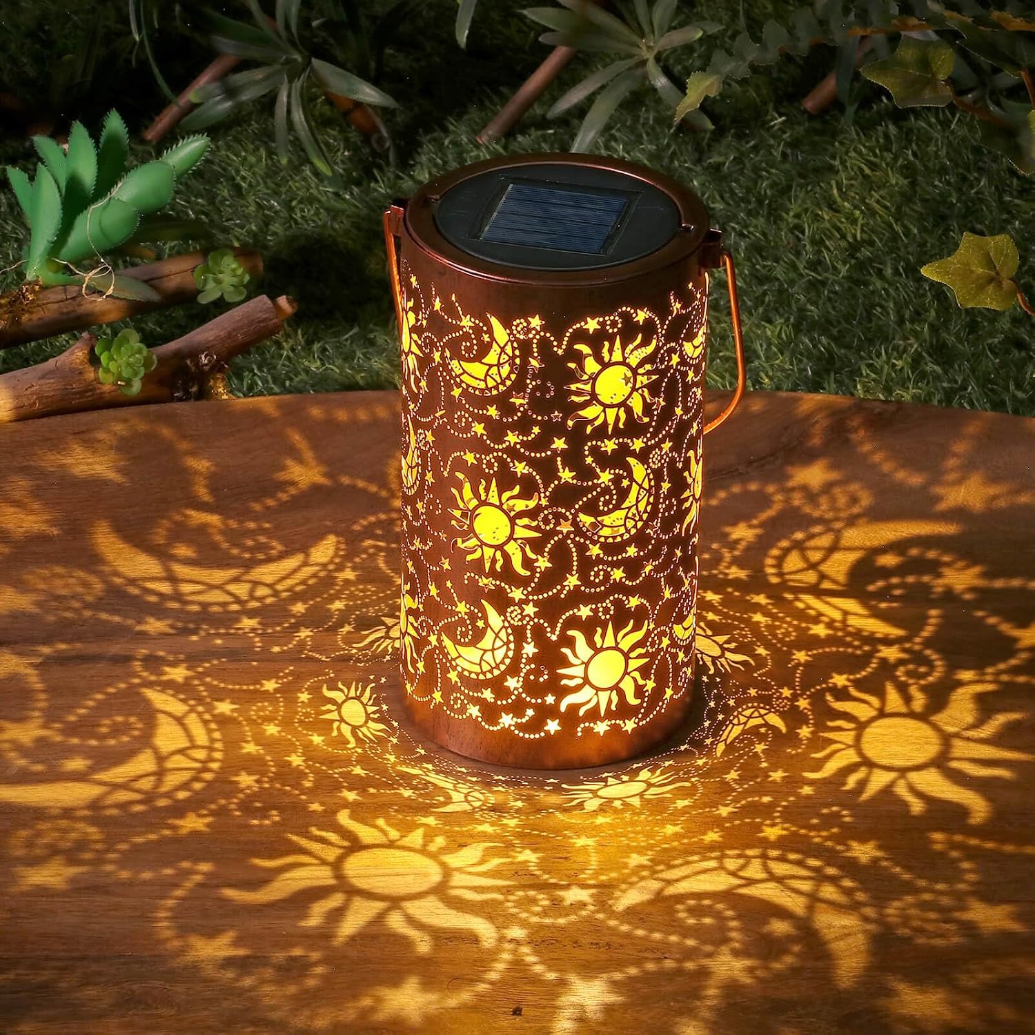 Solar Lantern Outdoor Waterproof with Sun Moon Stars Patterns, Garden Tangled Decor for Yard Patio Lawn Porch Backyard, Ramadan Light Unique Gifts for Women