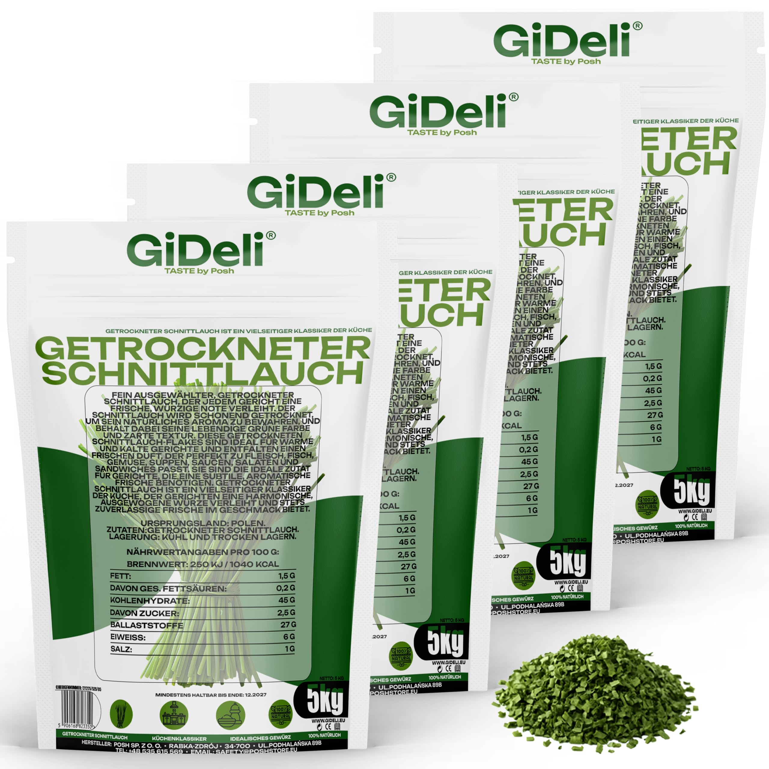GiDeli Getrockneter Schnittlauch 4 x 5kg - Küchenkräuter getrocknet - Perfekt für Kartoffelgerichte Suppen Salate Soßen