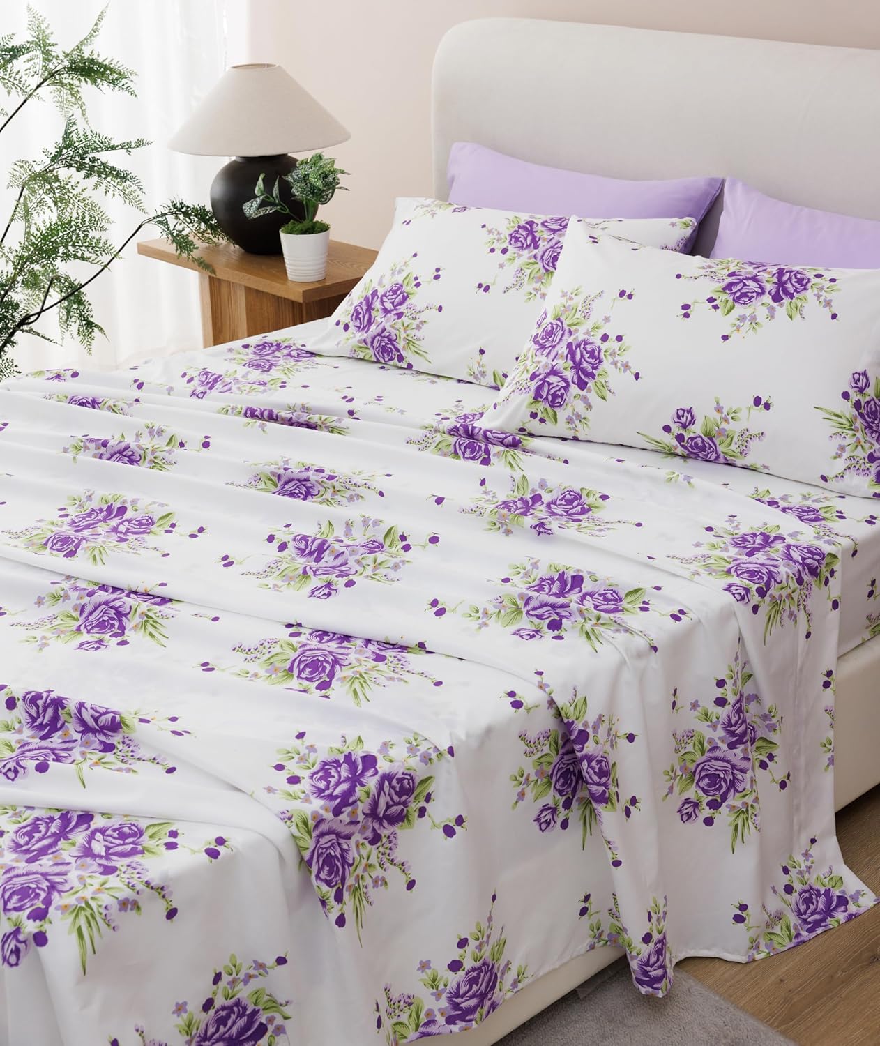 Spirit Linen King Size Bed Sheets Set Deep Pockets - 6PC Floral Ultra Soft Microfiber Bed Sheets - Easy to Clean, 90 Thread Count Sheets with Fitted Sheet, Flat Sheet & Pillowcases (Pink Lavender)