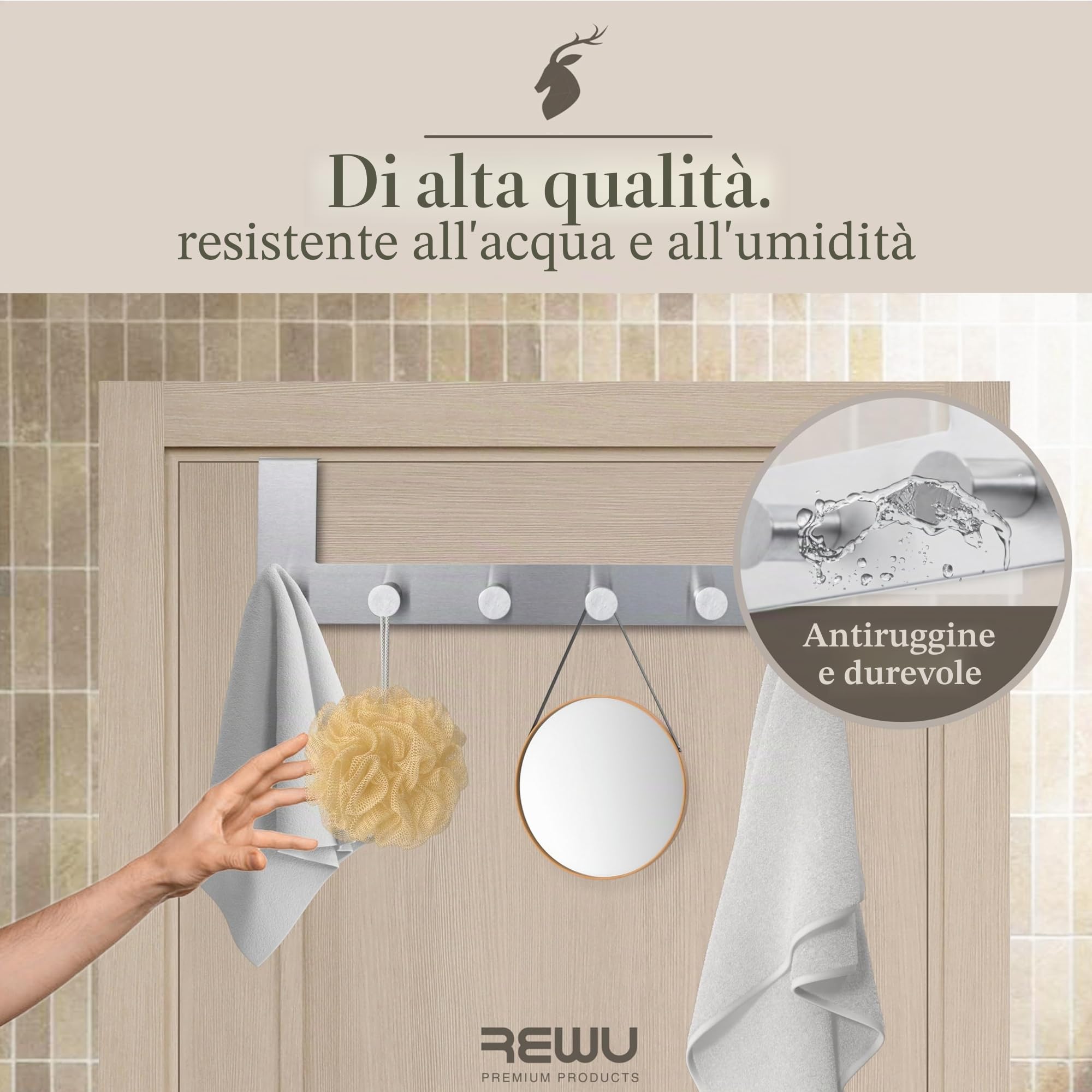 Appendiabiti da porta in acciaio inox con 6 ganci 39 x 11 x 8 cm