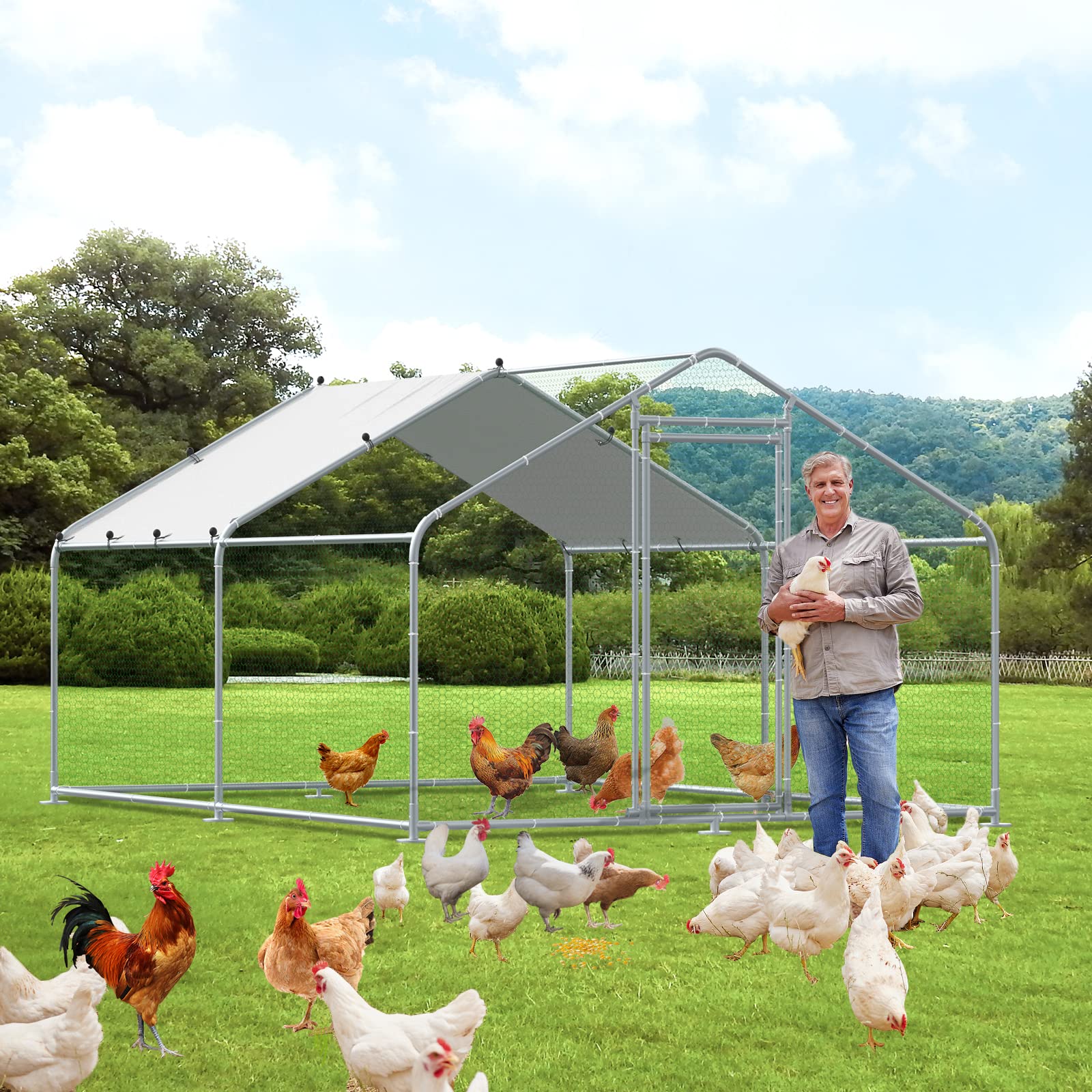 VIVIJASON Large Metal Chicken Coop Outdoor Walk-in Poultry Cage Hen Run House Rabbits Habitat Cages Spire Shaped Coop with Waterproof and Anti-UV