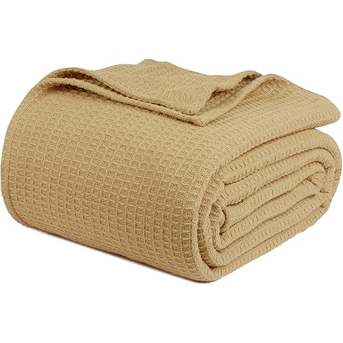 Tex Trend 100% Cotton Blankets King Size – Lightweight Breathable Waffle Weave Cooling Blanket for Spring Summer – 380 GSM - 90x108 Inches - King, Khaki