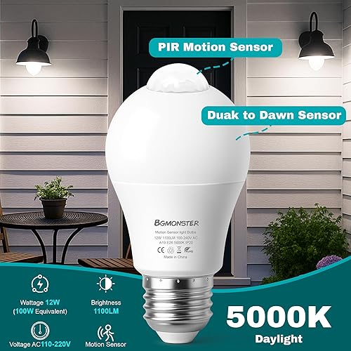 Miniatura 4 de Paquete de 4 bombillas con sensor de movimiento, 12 W (equivalente a 100 W), bombilla LED de seguridad E26 A19 para exterioresinteriores, bombilla