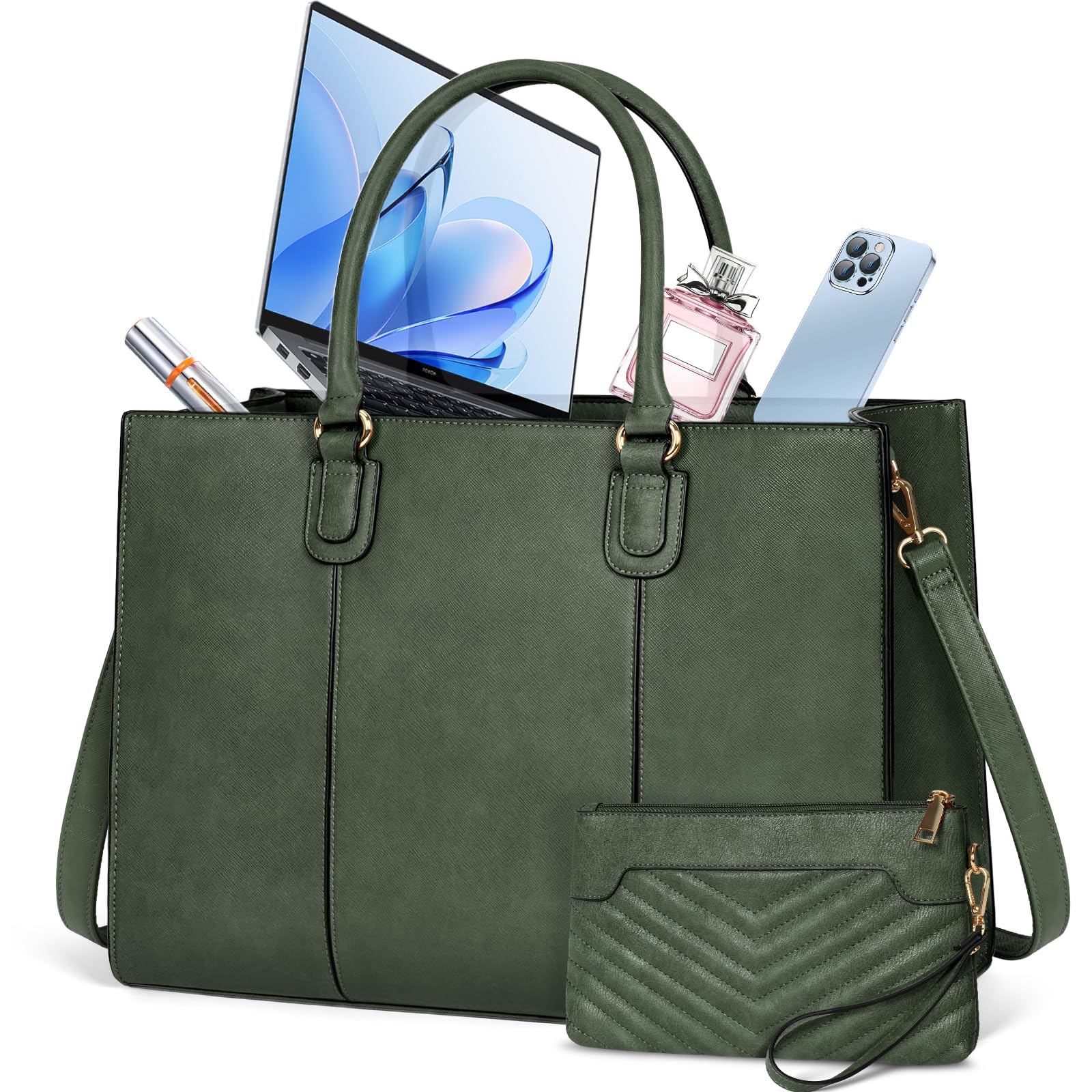 NEWHEY Laptop Bag for Women 15.6 Inch Work Tote Bags Leather Computer Bag with Clutch Purse Professional Office Briefcase Waterproof Handbag for Business Travel College, Dark Green