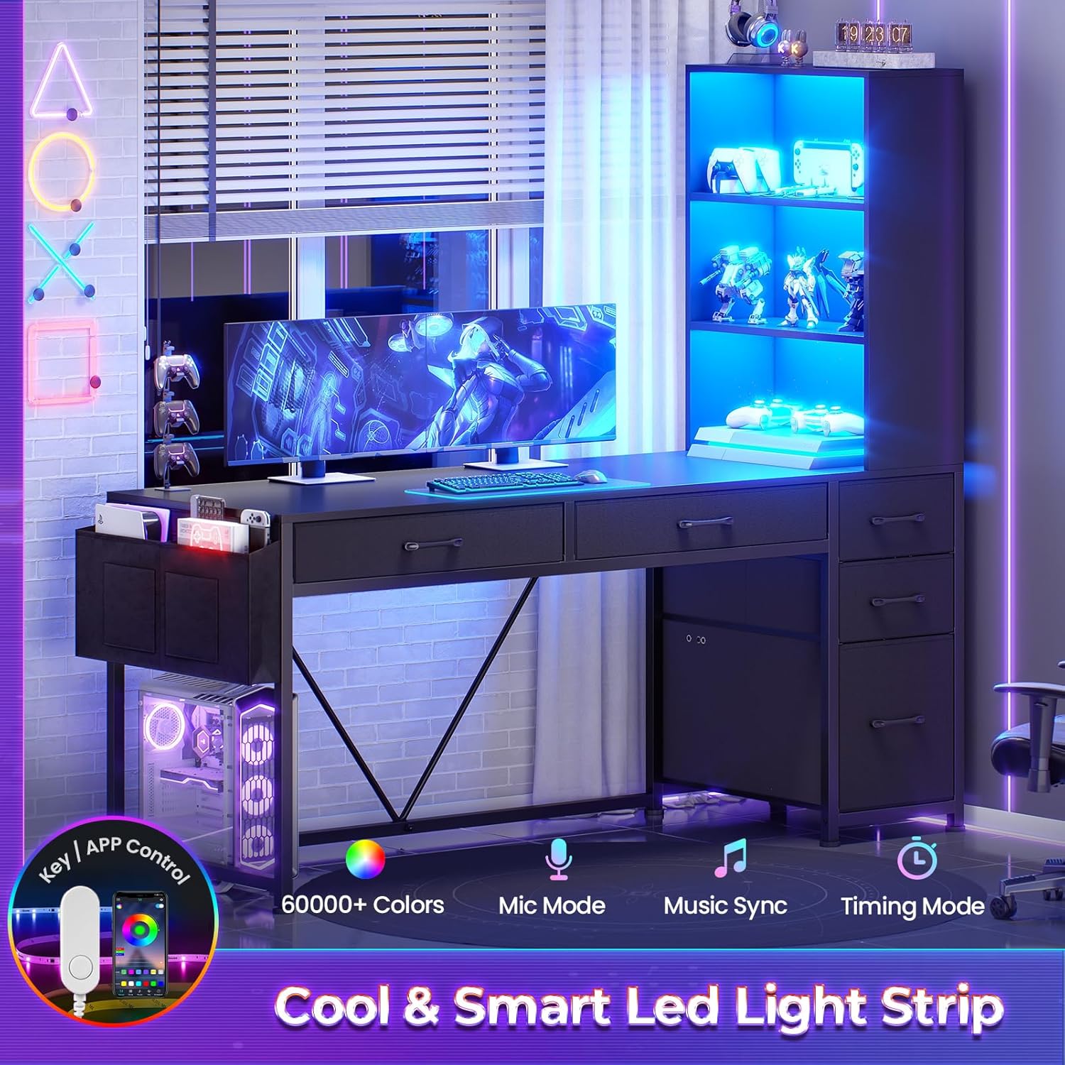 SEDETA Computer Gaming Desk with 5 Drawers and Bookshelf, Reversible Home Office Desk with Storage Shelves and File Drawer, Corner Desk with LED Lights for Small Spaces, Black