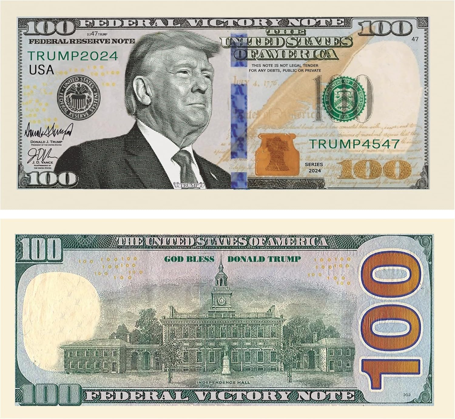 Pack of 25 - Donald Trump 100.00 Victory Limited Edition Novelty Dollar Bill - Full Color Printing with Great Detail. Make America Great Again. Proudy Made in the USA.