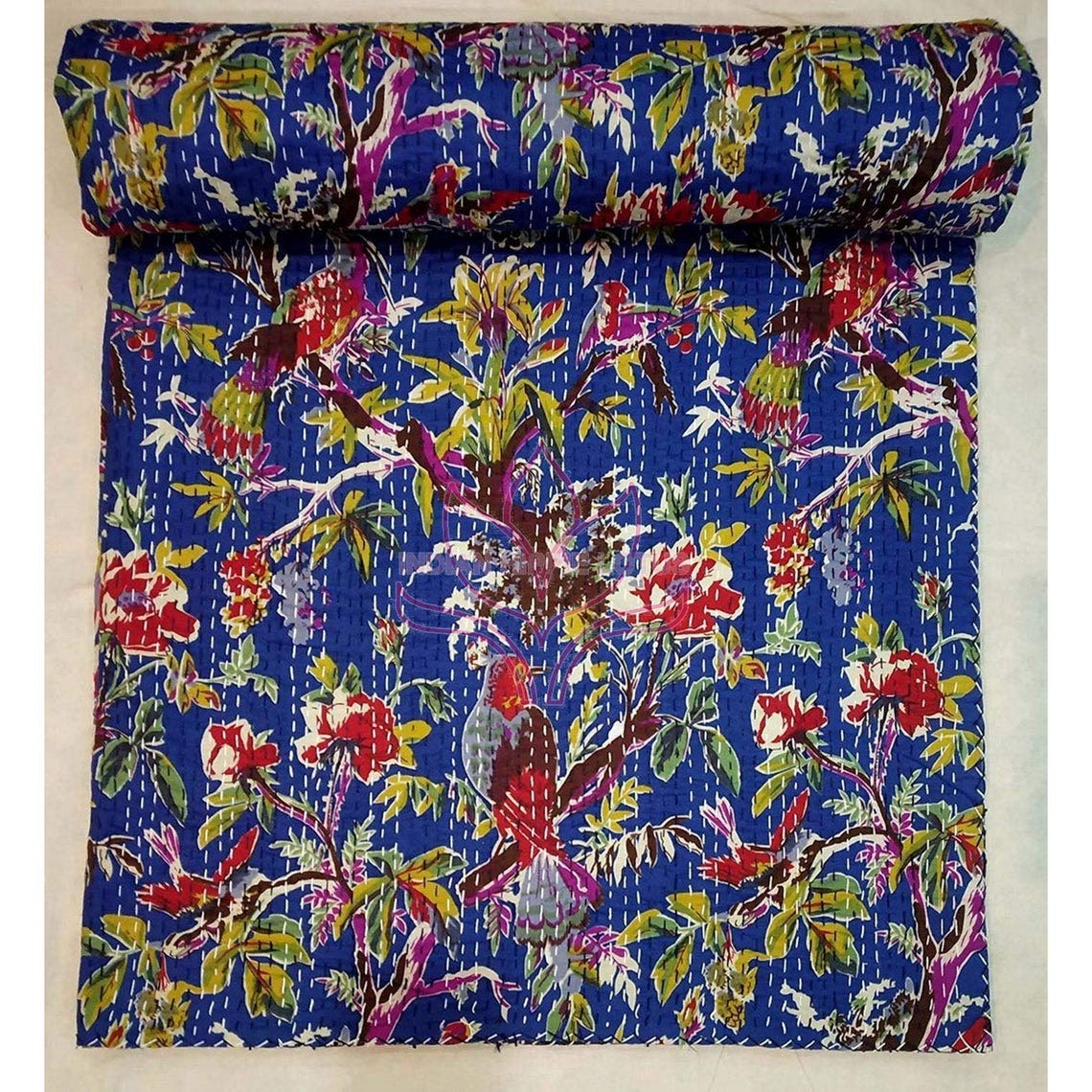 Textile Work Creationss Kantha Quilt Indian Cotton Bird Print Kantha Quilt Hand Stitched Reversible Cotton Bedding Bedspread Blanket Reversible Throw Kantha Twin Size-image-8