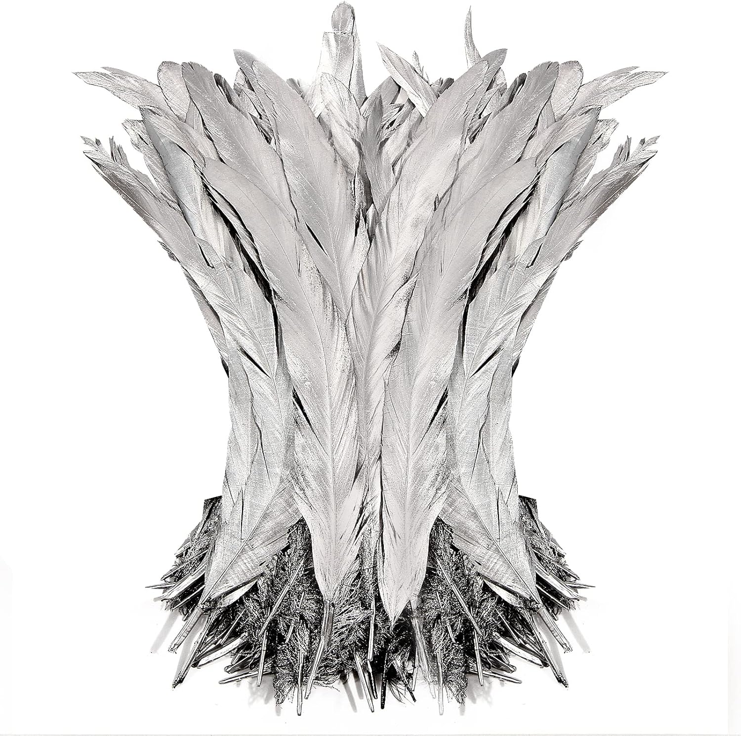 THARAHT 50PCS Rooster Coque Tail Feathers Bulk Natural 12-14Inch 30-35cm for Crafting Wedding Gras Masquerade Party Performances DIY Decoration Rooster Tail Feather,Silver