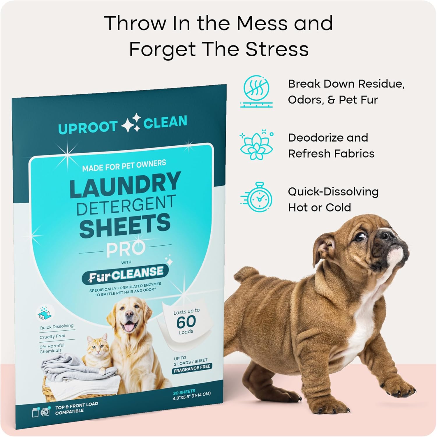 Uproot Clean Laundry Sheets Pro - 30 Pack - Fragrance-Free: Mineral-Powered Laundry Detergent Sheets Travel Pack - Eliminate Clinging Fur, Pet Odors, & Messy Residue - Up to 60 Loads