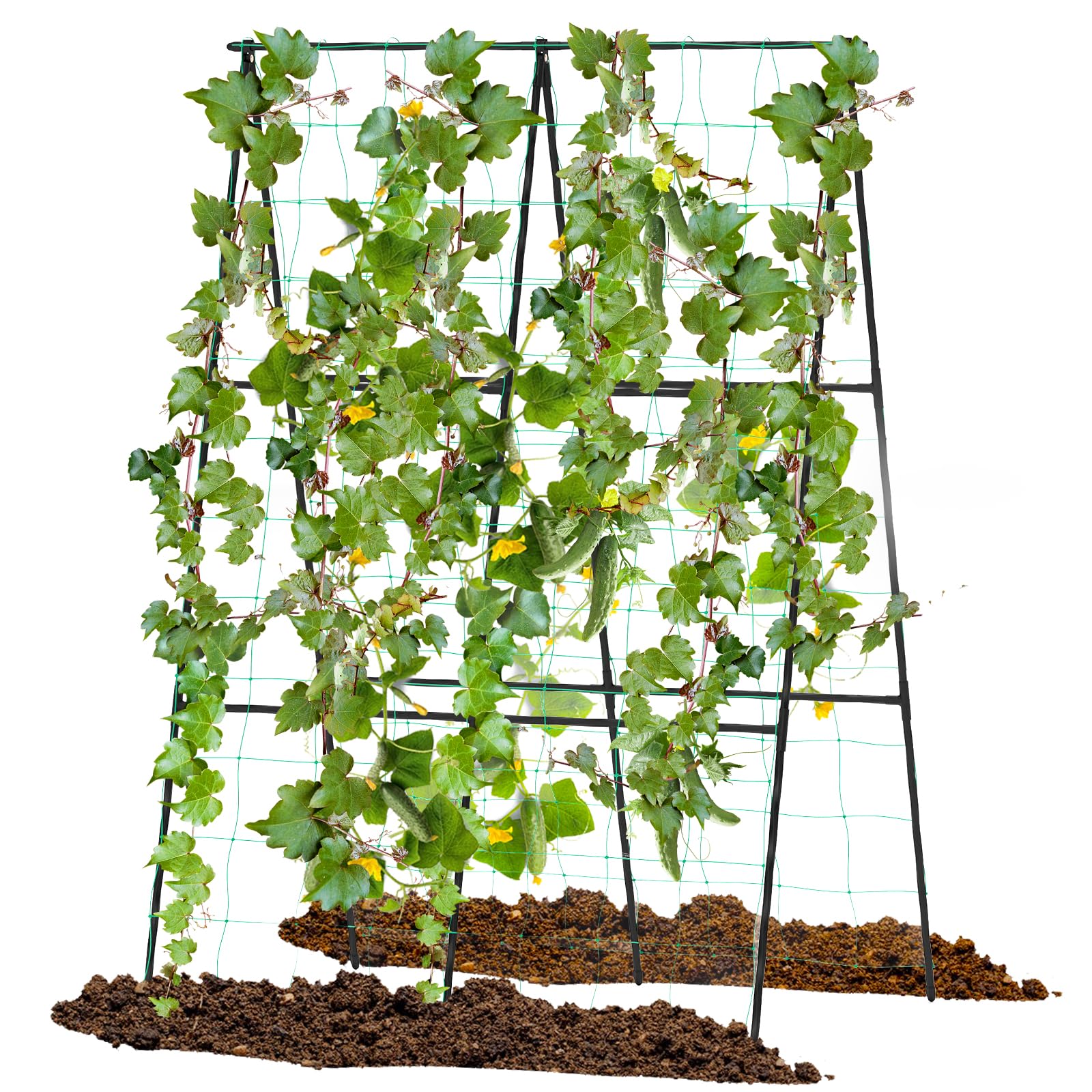 COSTWAY 35x50 Inch Cucumber Trellis, A-Frame Metal Garden Trellis with Netting & Adjustable A-Fork Clips, Outdoor Rustproof Grow Support Stand for Climbing Plants Vegetables Flowers