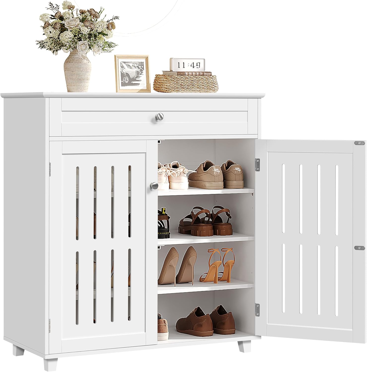 Yaheetech Shoe Cabinet, 4-Tier Shoe Storage Cabinet with Drawer & Adjustable Shelves, Wooden Shoe Rack Organizer with Louvered Doors for Entryway, Hallway, Closet, Living Room, White