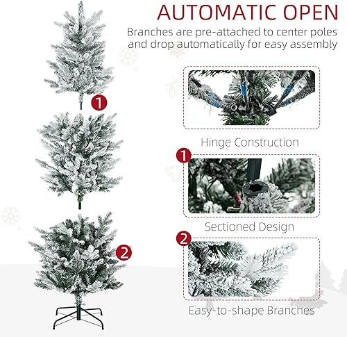 Miniatura 6 de HOMCOM Árbol de Navidad artificial flocado de 6 pies de alto con 477 ramas de nieve, apertura automática, base de acero, color verde