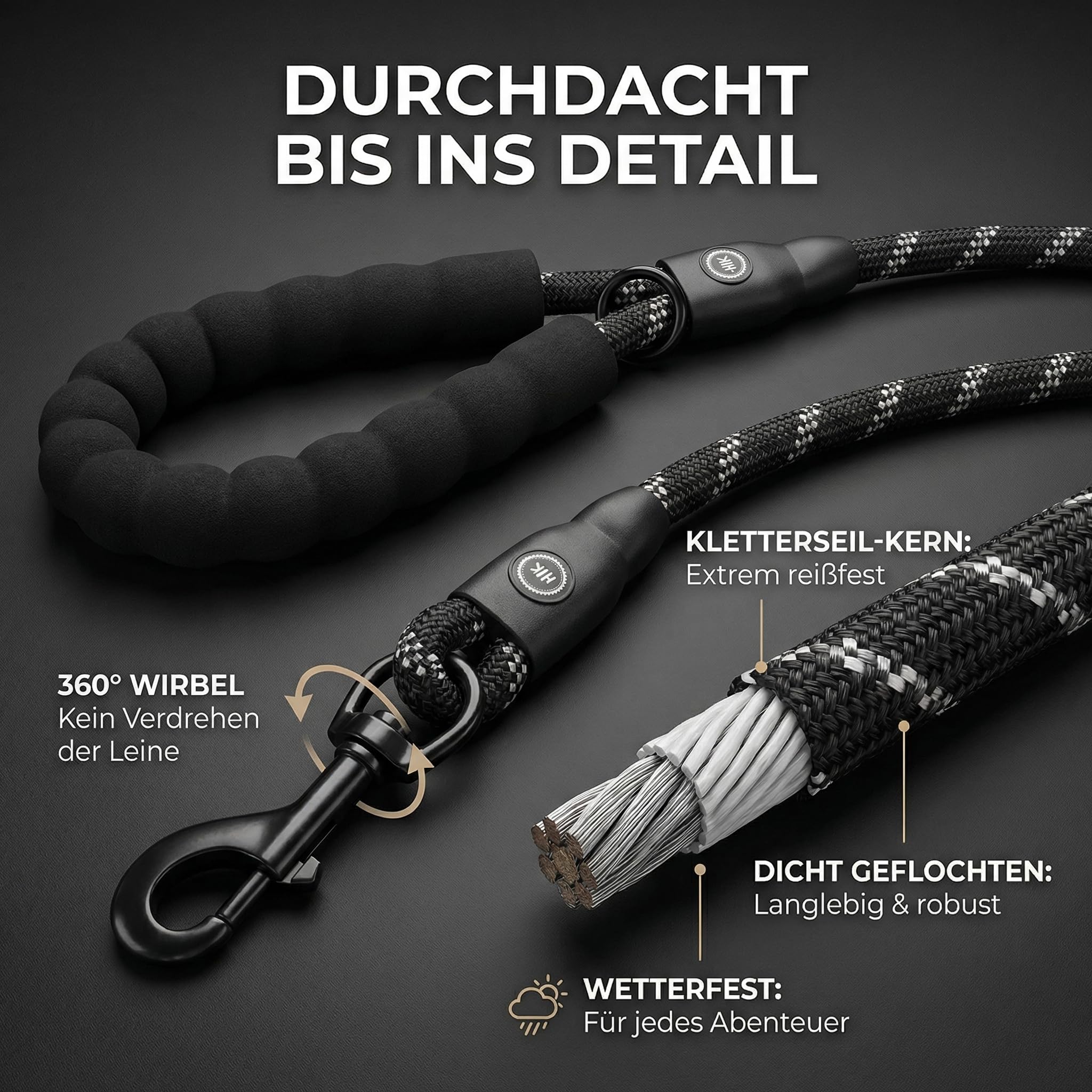 HUND IST KÖNIG Smycz dla psa, na spacery i treningu, z miękkim uchwytem i elementami odblaskowymi, idealna smycz do noszenia na co dzień dla psów o wadze 10-25 kg (True Black, 3,0 x 1,2 cm)