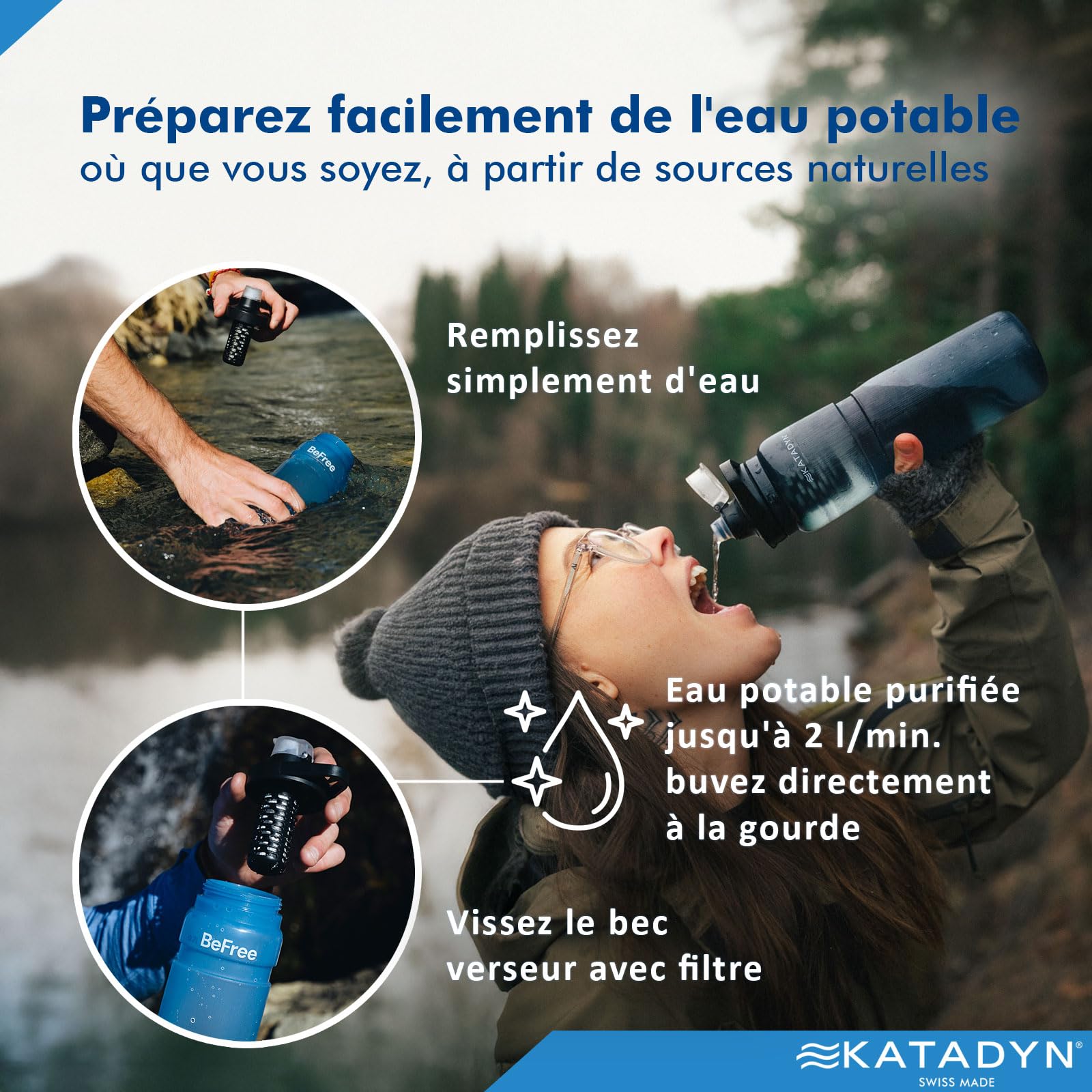 Katadyn BeFree AC Bottle Gourde filtrante à eau ultra légère pour l'extérieur, fibre creuse charbon actif, camping randonnée trekking voyage, filtration portable sans BPA (bleu)