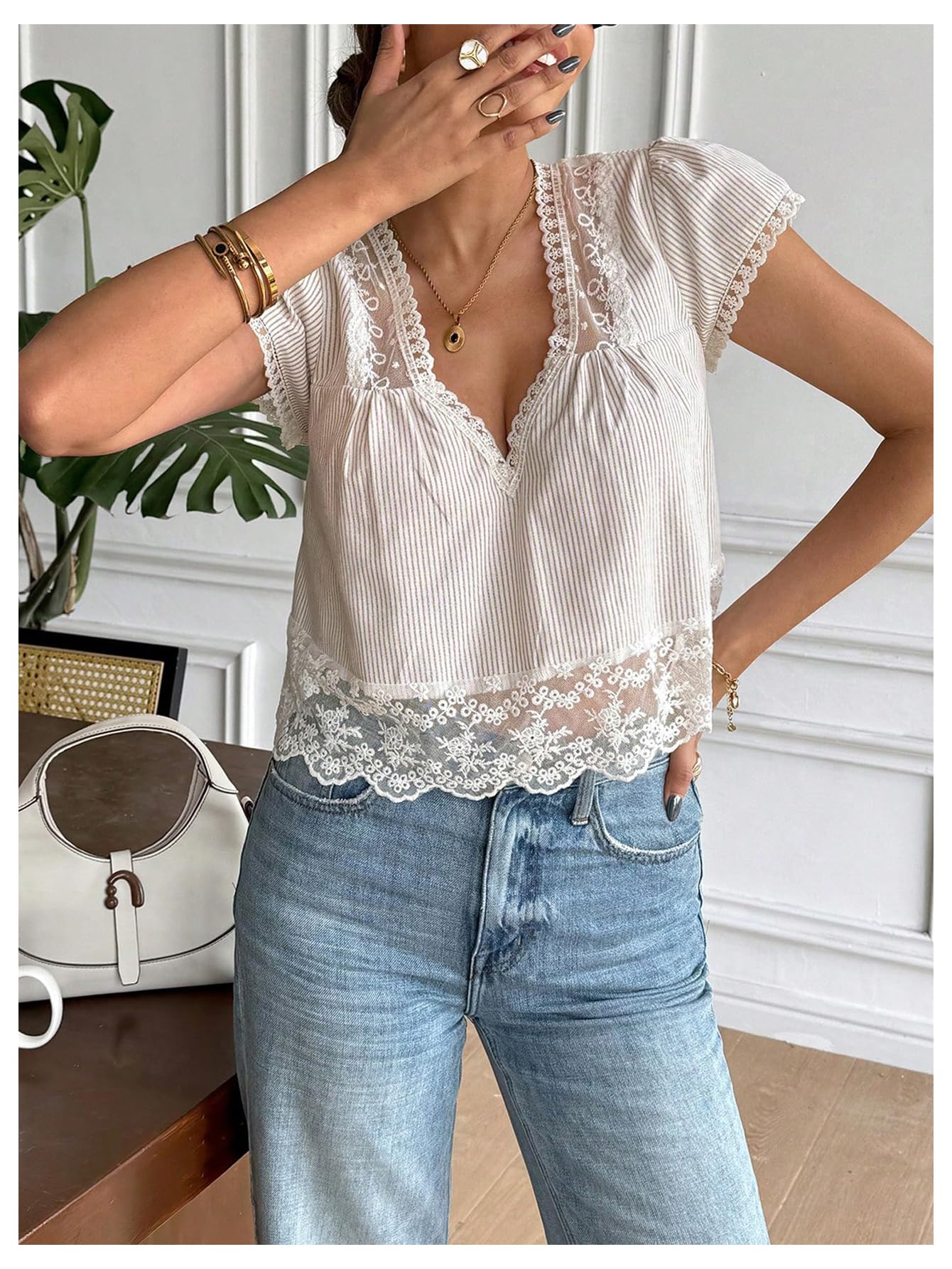 MakeMeChic Women's Going Out Striped Lace Blouse Ruffle Sleeve Tie Back Crop Tops