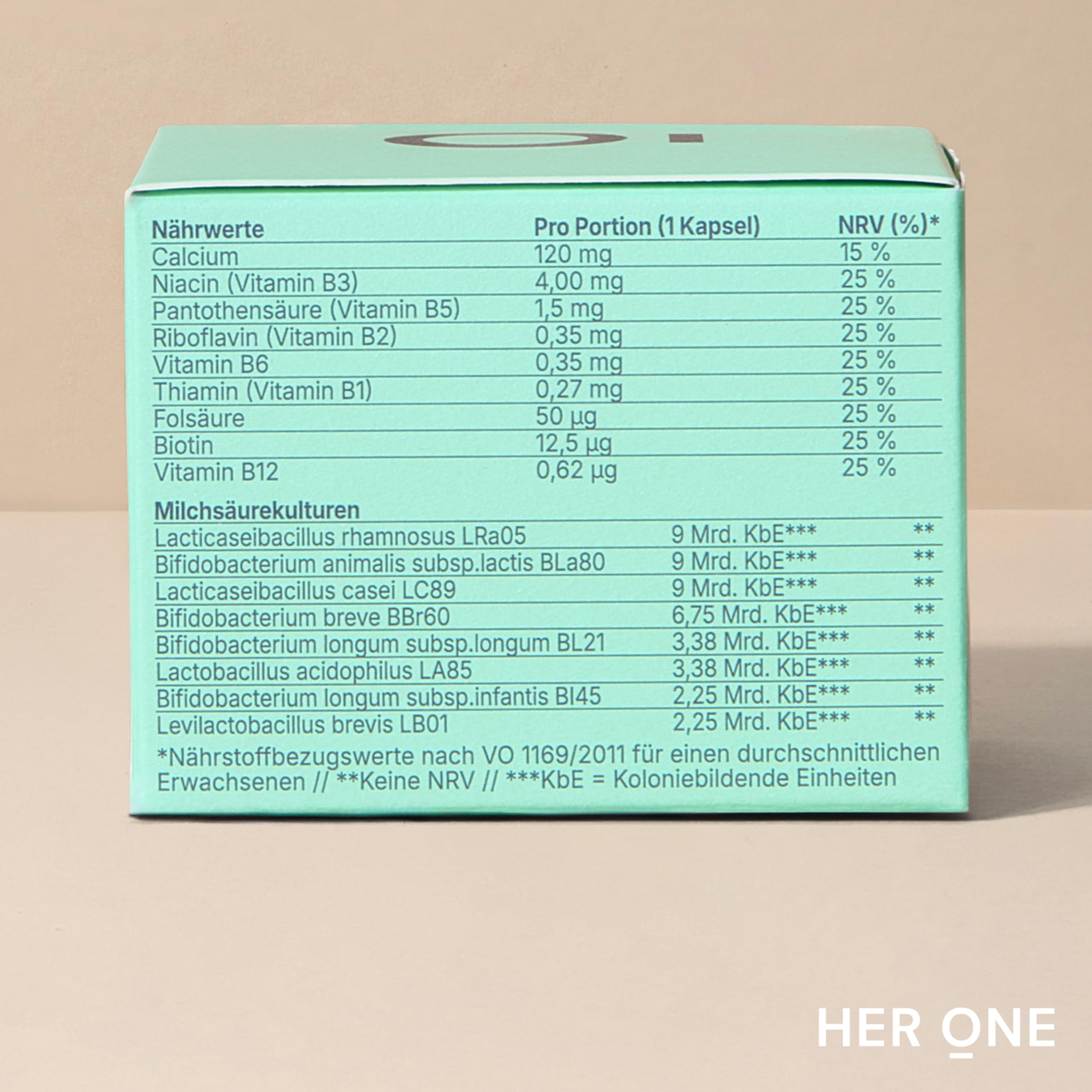 HER ONE GUT ONE Kulturen Komplex & Vitamine B6 + B12 | 45 Mrd. Milschsäurebakterien + Inulin, Calcium | 60 Vegane Kapseln | Für Haut, Energie & Wohlbefinden | Laborgetestet & Magensaftresistent