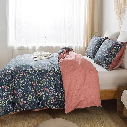 Miniatura 72 de HoneiLife - Juego de funda de edredón floral 100% algodón, 3 piezas, botánica, ropa de cama con cierre de cremallera y lazos en las esquinas