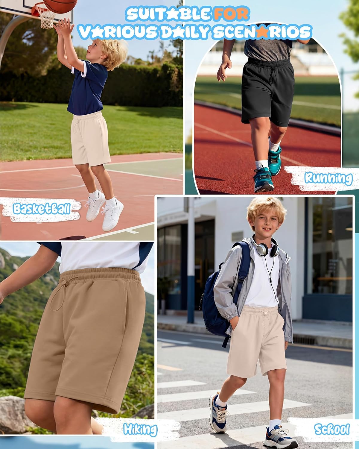 3 Pack Boy's Shorts Kids Athletic Knee Length Short Summer Baggy Sports Loose Casual Pull on SweatShorts 5-14 Years