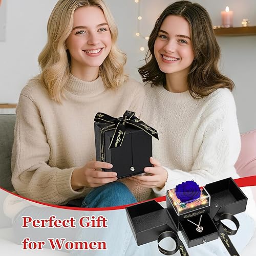 Miniatura 2 de Flor de rosa azul preservada iluminada con collar, regalos de cumpleaños para mujeres, regalos de rosa de Navidad para su madre, esposa, abuela,