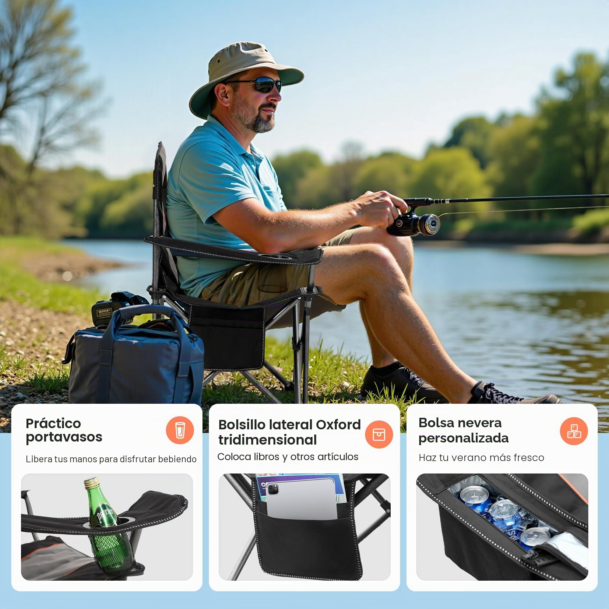 HIGH POINT SPORTS Silla Camping Plegable Silla Plegable Portátil de Gran Tamaño, Silla Plegable Negro Resistente al Aire Libre con Portavasos y Bolsa Enfriadora, Soporta 200KG