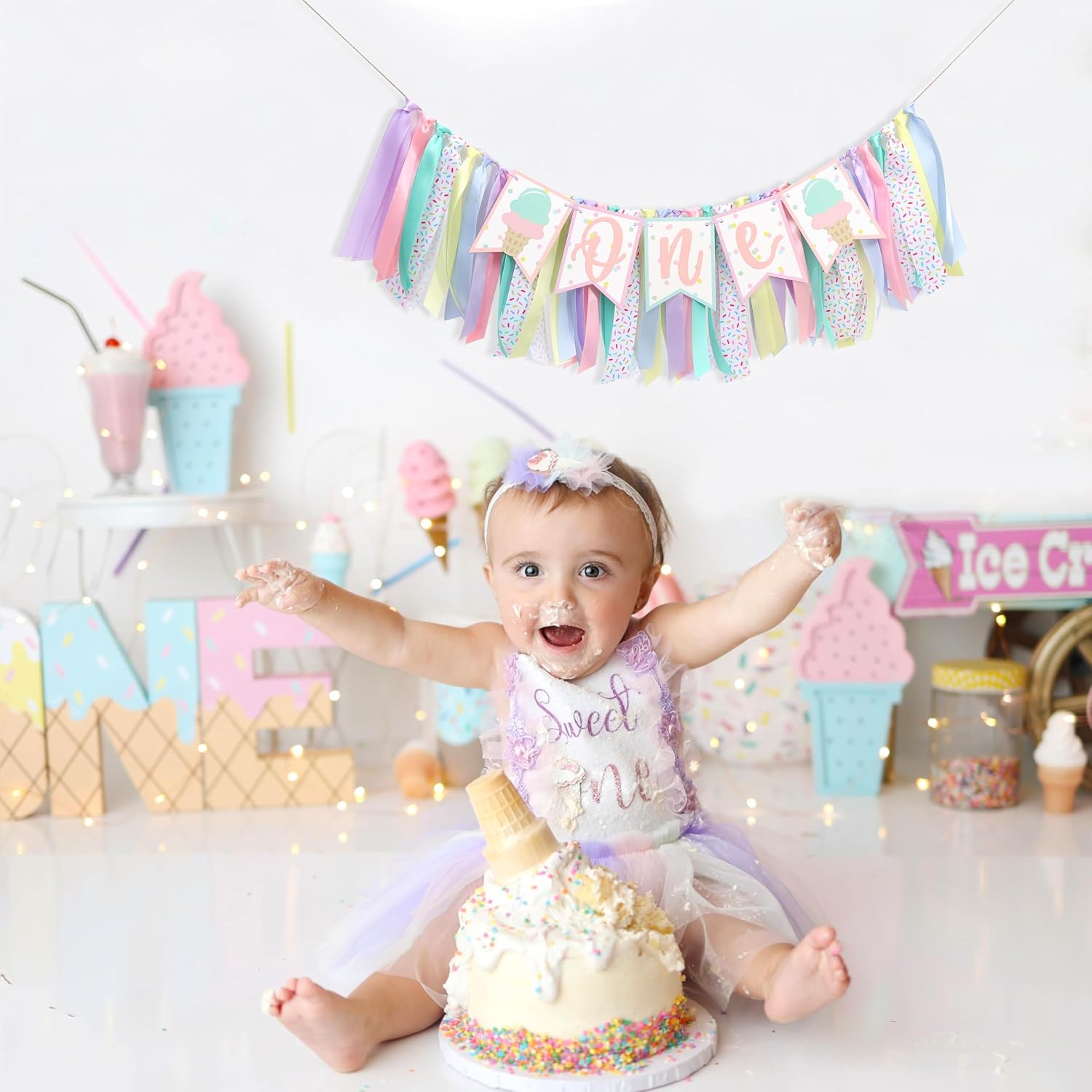 Girl First Birthday High Chair Banner - Sweet 1st Birthday Party Decorations for Baby Girl, Summer Ice Cream Themed Cake Smash Supplies, Hanging Banner for Photoshoot & Highchair Decor image 3