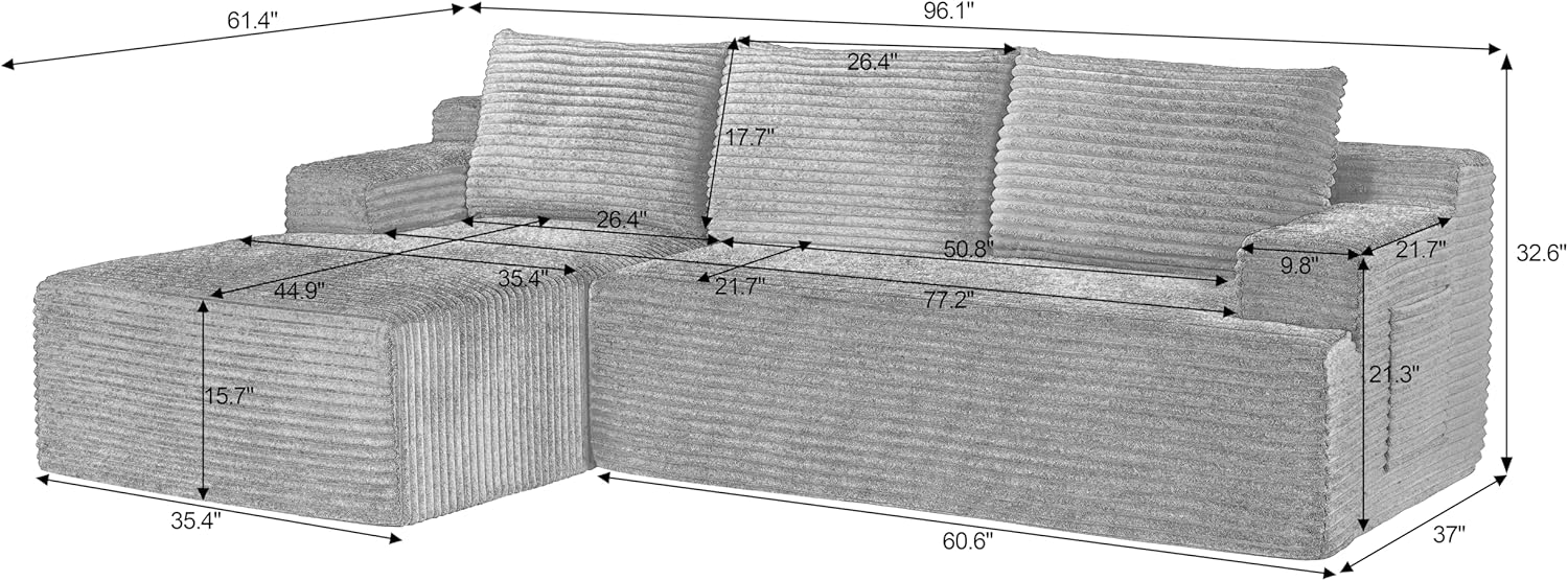 96" L Shaped Cloud Sectional Couch with Chaise, Deep Seat Modular Sectional Sofa Corduroy Memory Foam Sofa Boneless Couches for Living Room Bedroom, No Assembly Required | Breathable material, Non-slip, No Assembly Required, Side Pockets