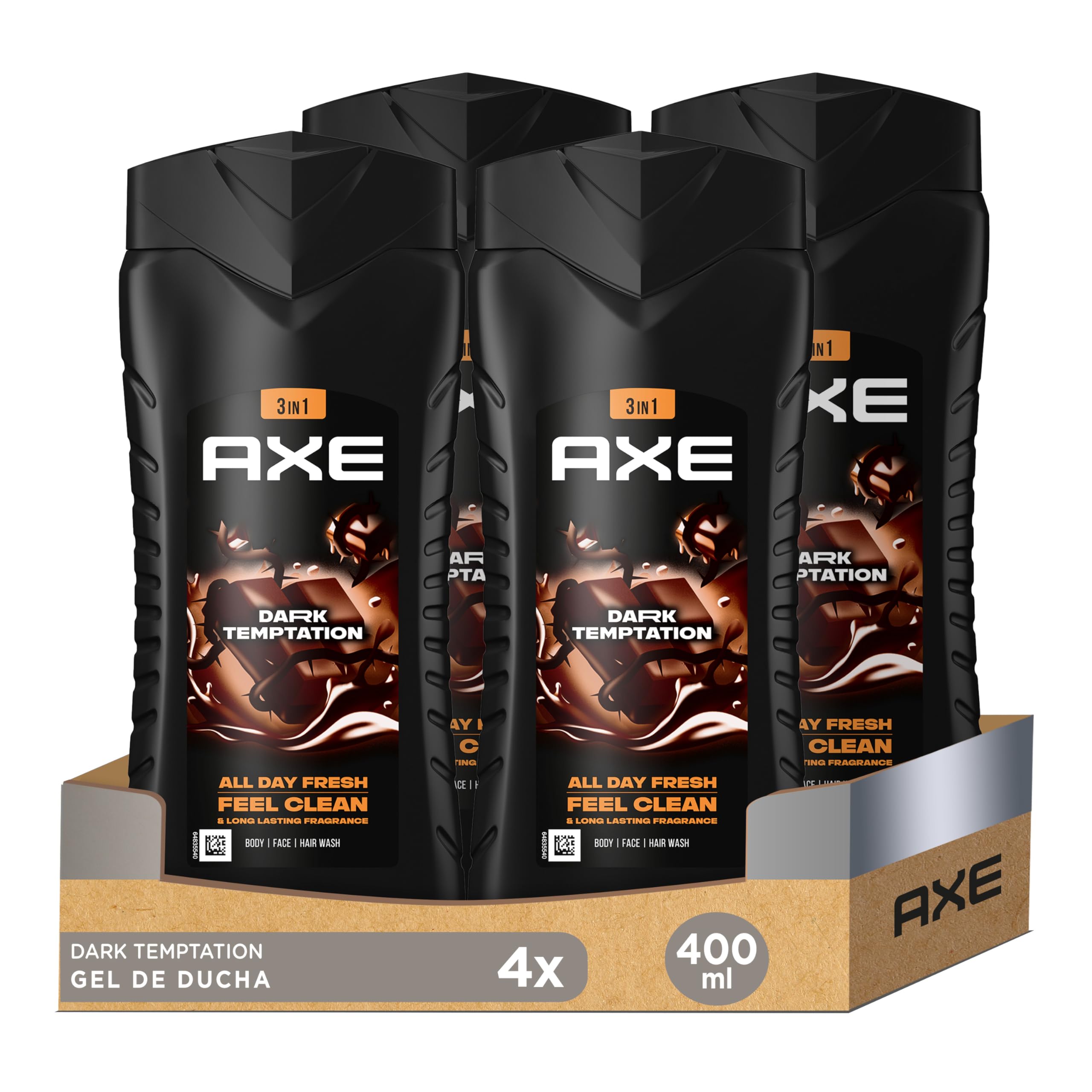 Dark Temptation XL 3-in-1 shower gel and shampoo for long-lasting freshness and fragrance, dermatologically tested, 400 ml, pack of 4