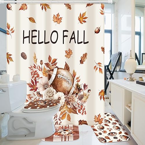 Miniatura 5 de Juego de 4 cortinas de ducha de fútbol con alfombras antideslizantes, cubierta de tapa de inodoro, tapete de baño y 12 ganchos, juego de cortinas de