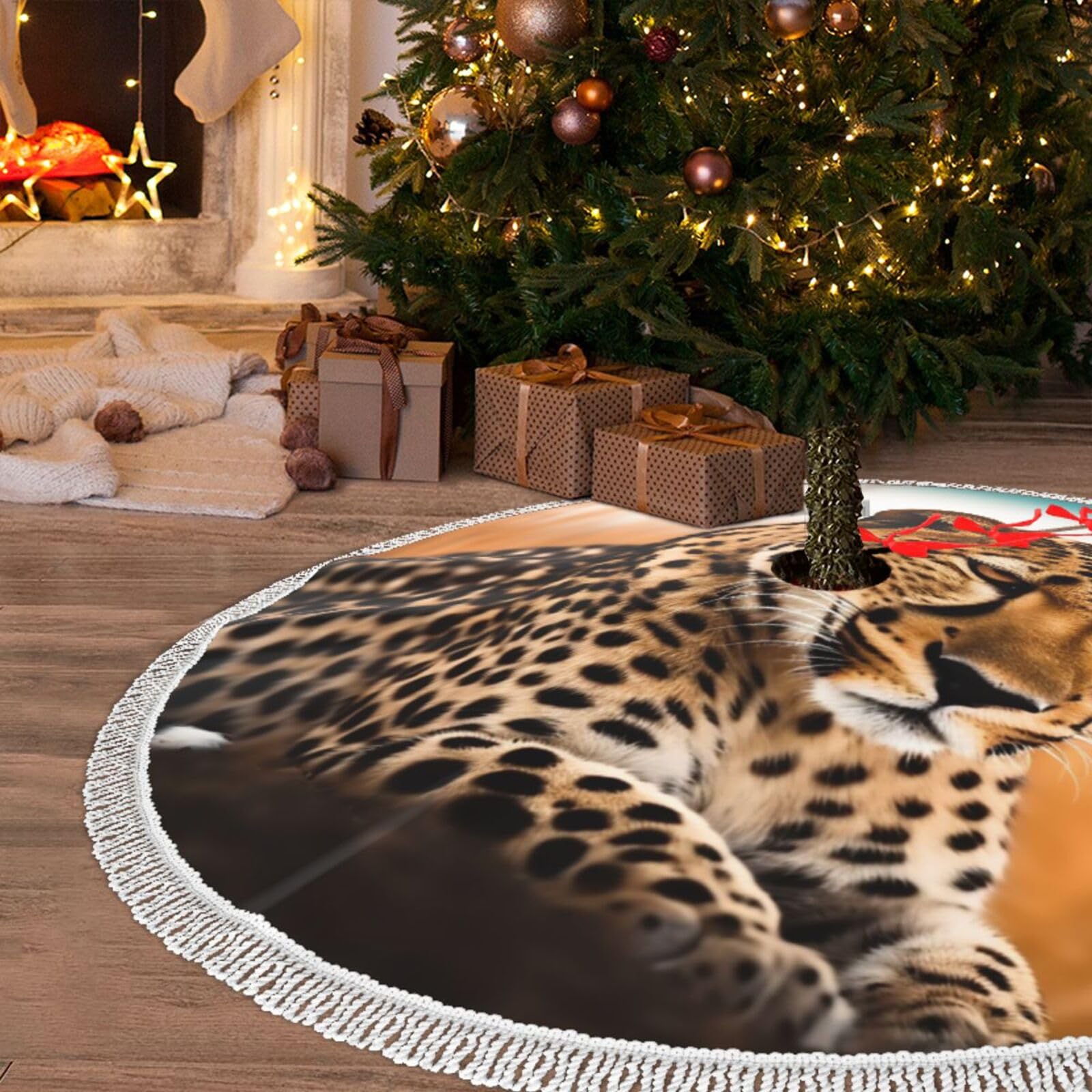 Jupe de sapin de Noël en peluche douce 122 cm motif guépard chic