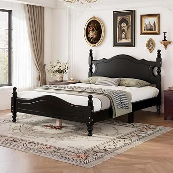 extrasleep Full Size Wood Bed Frame with Vintage Headboard Black