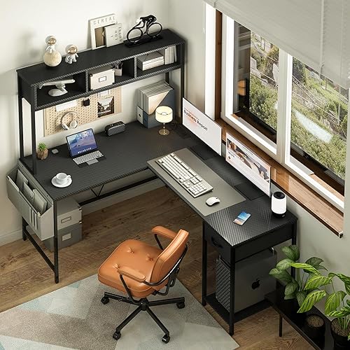 Miniatura 34 de Yoobure Escritorio en forma de L para juegos con tira LED y toma de corriente, escritorio reversible en forma de L con estante de almacenamiento y