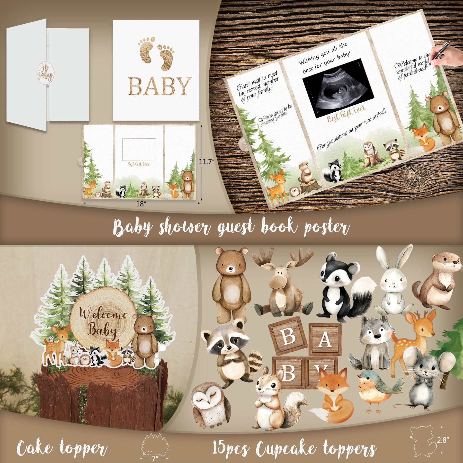 Woodland Animals Baby Shower Decoration Party Supplies, Forest Animal Neutral Gender Reveal Party Decorations, Backdrop Balloon Arch Box Mom to Be Sash Dad to Be Pin Tablecloths Cake Topper