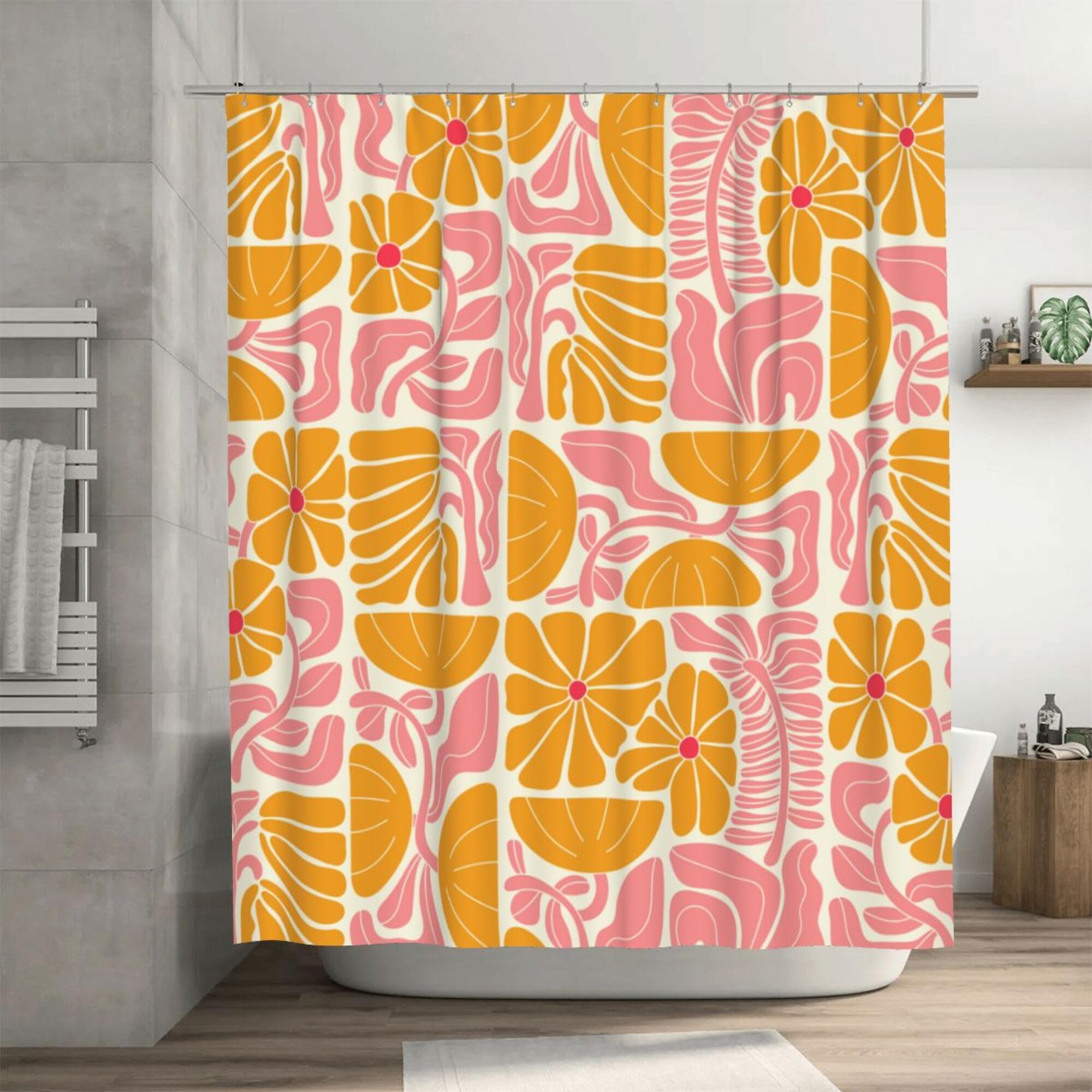 Ohocut Mid Century Modern Abstract Geometric Boho Shower Curtains for Bathroom, Cute Pink and Yellow Floral Bathroom Shower Curtain, Vintage Bath Curtain, Waterproof Fabric Shower Curtain