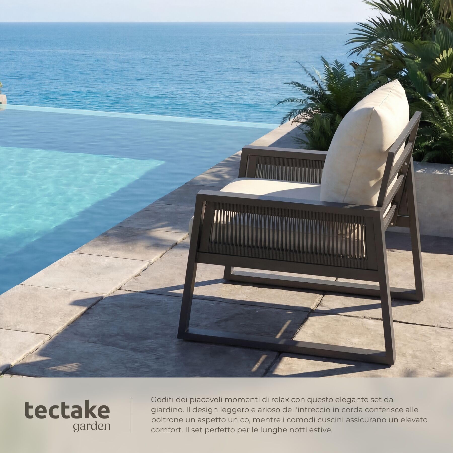 Tectake Set Salottino da Giardino 2 Posti, Telaio Alluminio Antiruggine, Cuscini Spessi, Design a Corda
