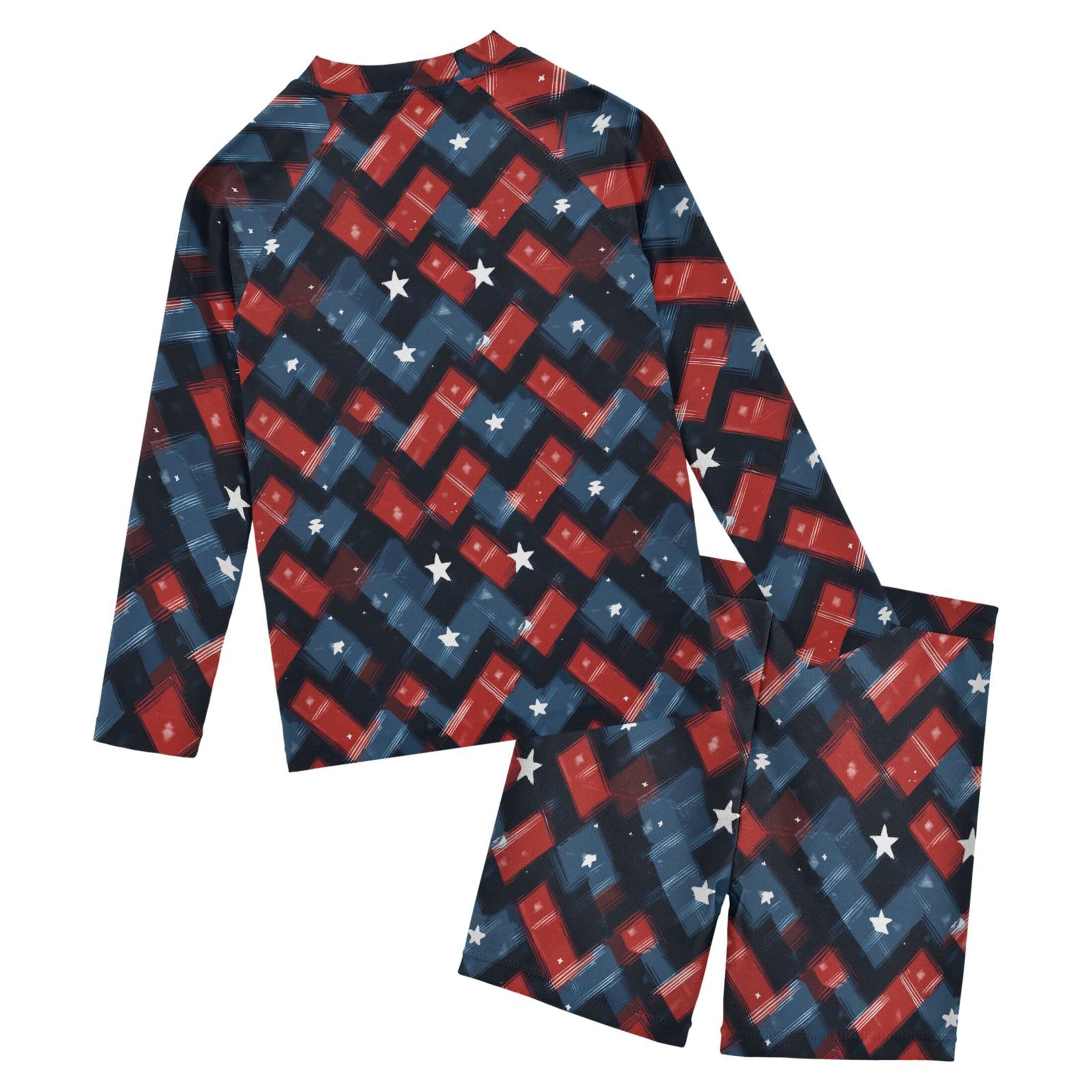 Red and Bule Buffalo Check Plaid Baby Boys' Toddler Long Sleeved Rashguard Swim Bathing Suit Set B0404339
