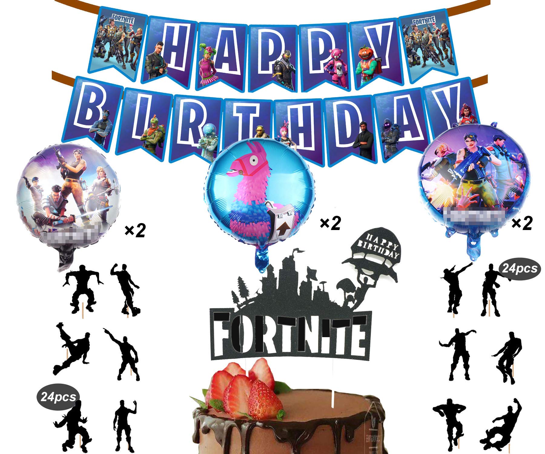 32 Pack Gaming Party Supplies Set,24 pcs Dancing Cupcake Toppers, 6 Foil Balloons,1 Game Happy Birthday Banner Decorations and 1 Birthday Cake Topper for Kids Battle Royale Decorations