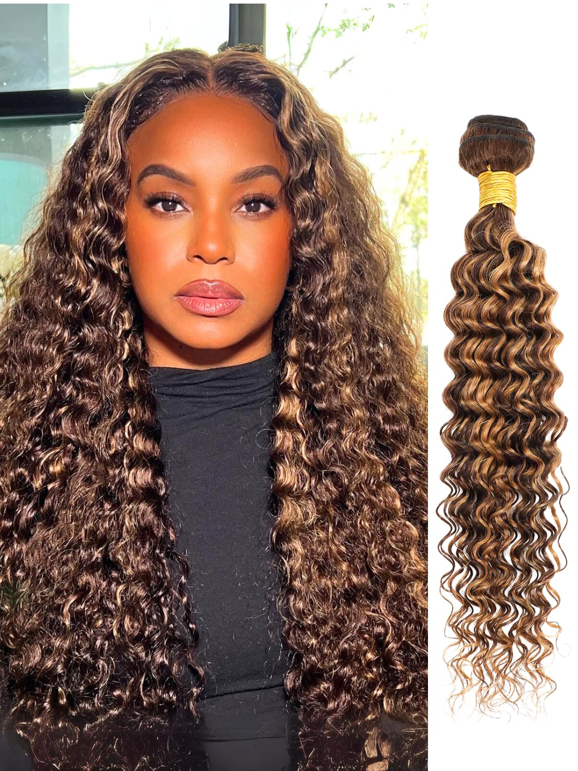 AUROO Honey Blonde Highlight Deep Wave Single Bundles Human Hair, 100% Thick Track 12A Virgin Brazilian Weaves P4/27 Balayage Ombre Brown Curly Water