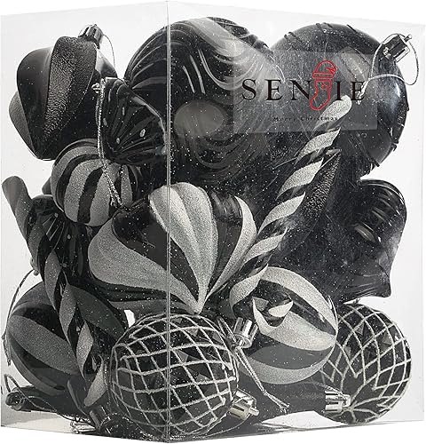 Adornos de bola de Navidad inastillables para árbol de Navidad, 24 estilos con formas de árbol de Navidad, decoración de vacaciones, color negro