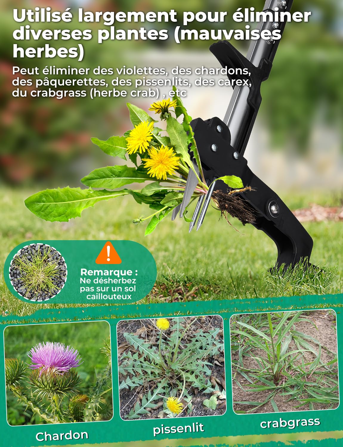 YISSVIC Desherbeur Manuel 108cm en Acier Inoxydable à 4 Griffes avec Pédale Arrache-Racines Télescopique Arrache Pissenlit Poignée Antidérapante Réglable en Forme de D pour Outils Jardinage